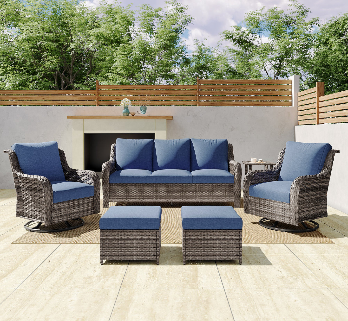 Outdoor Patio Set PE Rattan Swivel Chairs Gray Blue