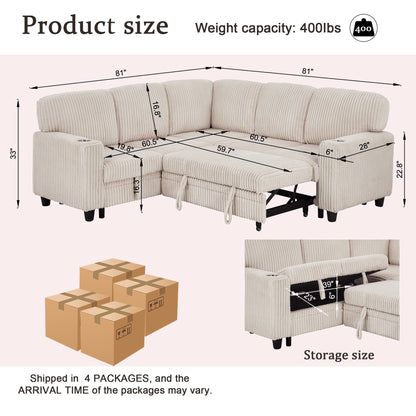 Sofa Bed L-Shape Corduroy Beige 5 Seat Pull-Out USB Ports 81 In