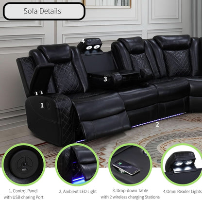 Power Recliner Sectional Sofa Black With LED Lights