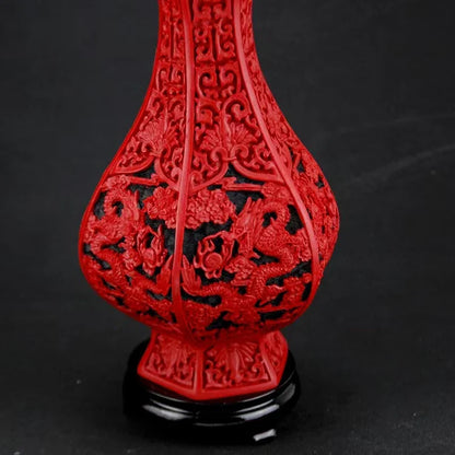 Red Lacquer Dragon Vase, 10" Chinese Auspicious Decor