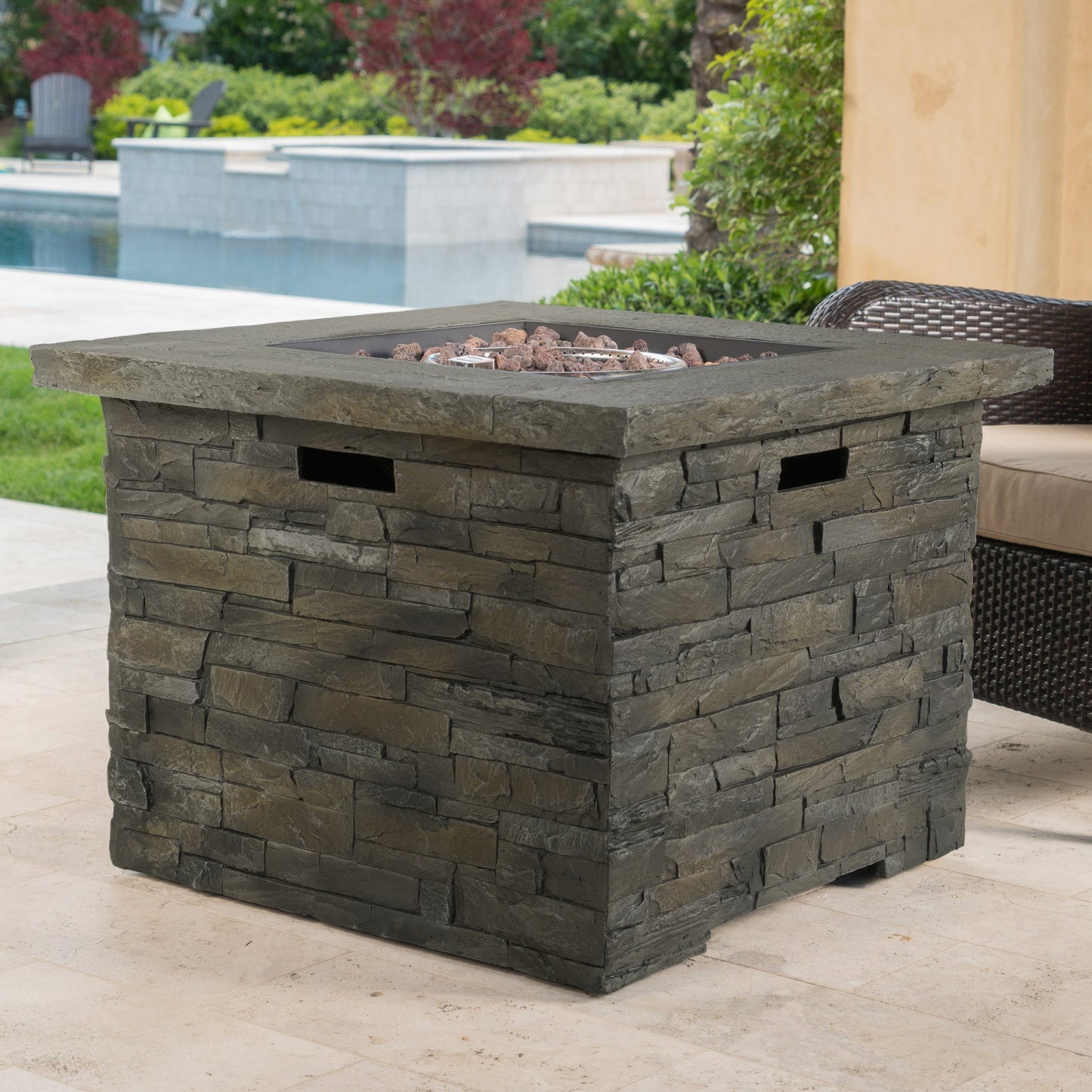 33 in Square MGO Fire Pit 40,000 BTU, Stone Gray Finish with Built-In Tank Space
