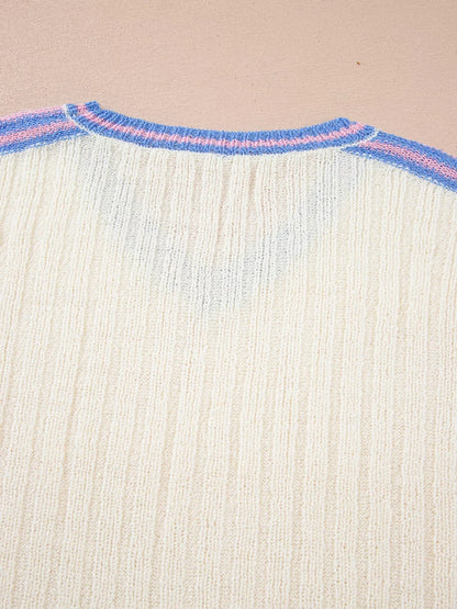 Striped V Neck Dolman Sleeve Rib Knit Oversized Sweater with Slits