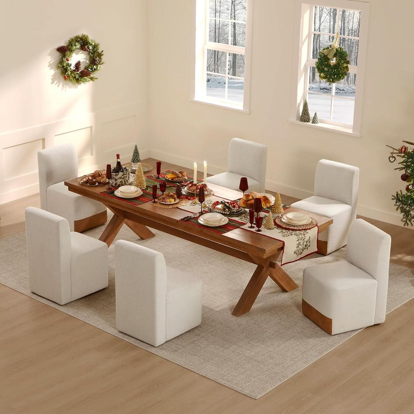 2 Linen Upholstered Armless Dining Chairs With Casters