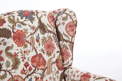 Accent Chair Wingback Linen Floral Red Pine Legs 28x30x38 In