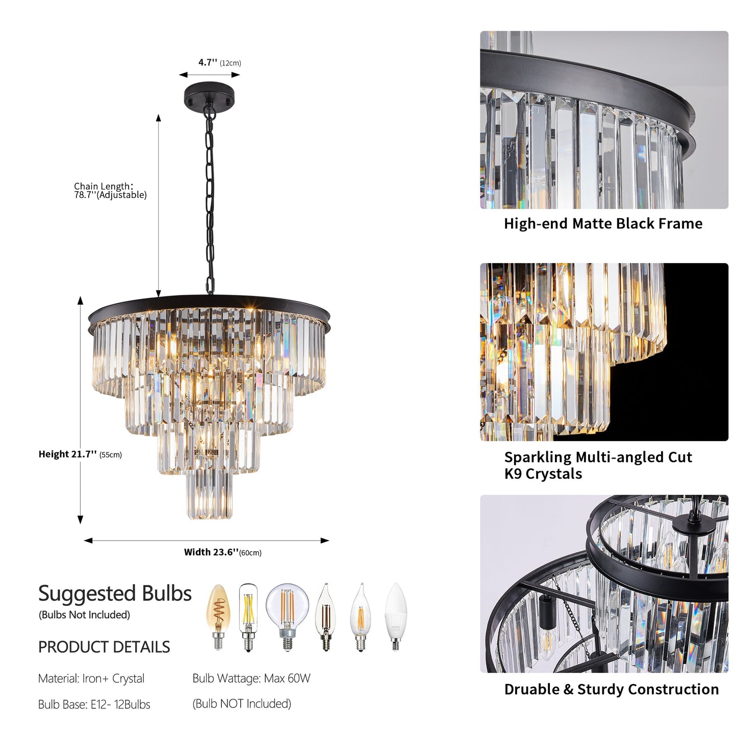Chandelier Crystal 4-Tier Black 24 In Modern Living Dining Room