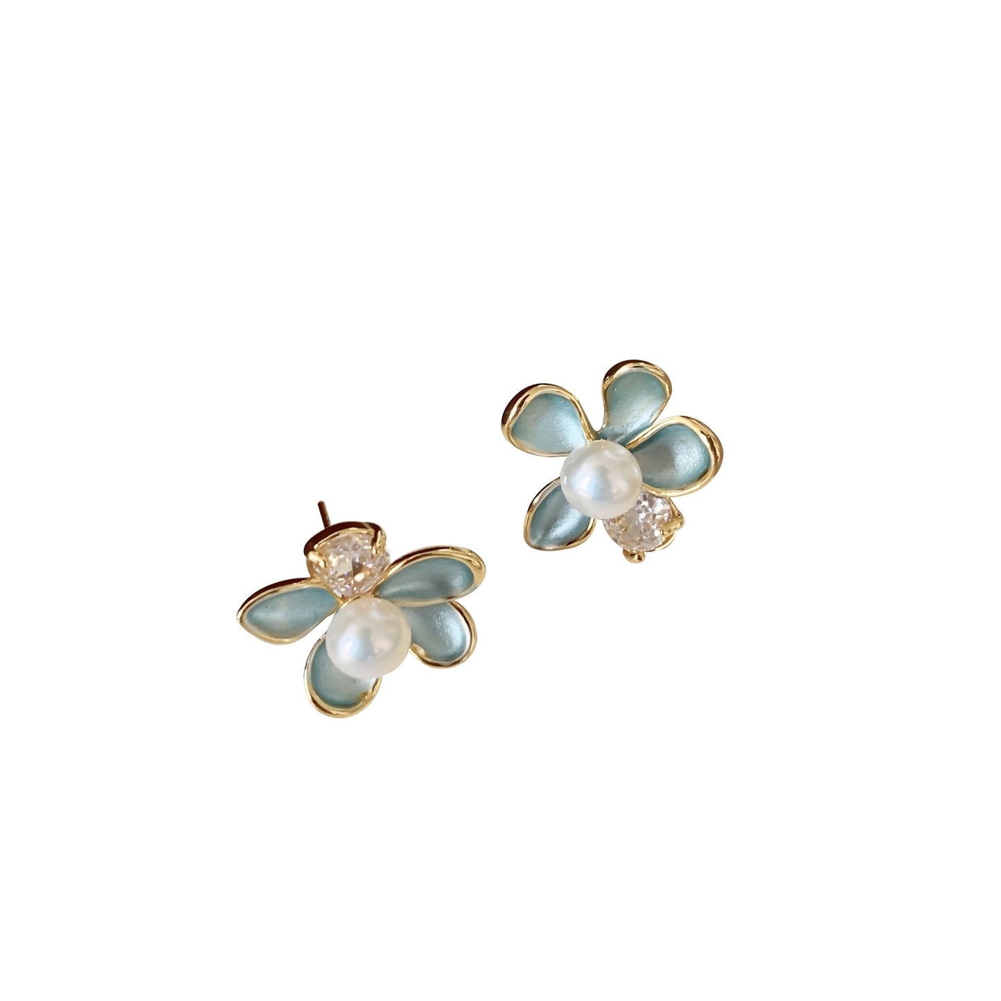 Blue Dripping-Oil Flower Freshwater Pearl Stud Earrings For Women