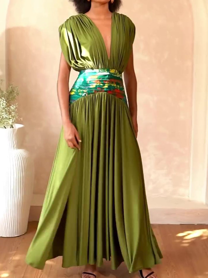 Sheen Deep V Ruched Printed Waistband Maxi Dress