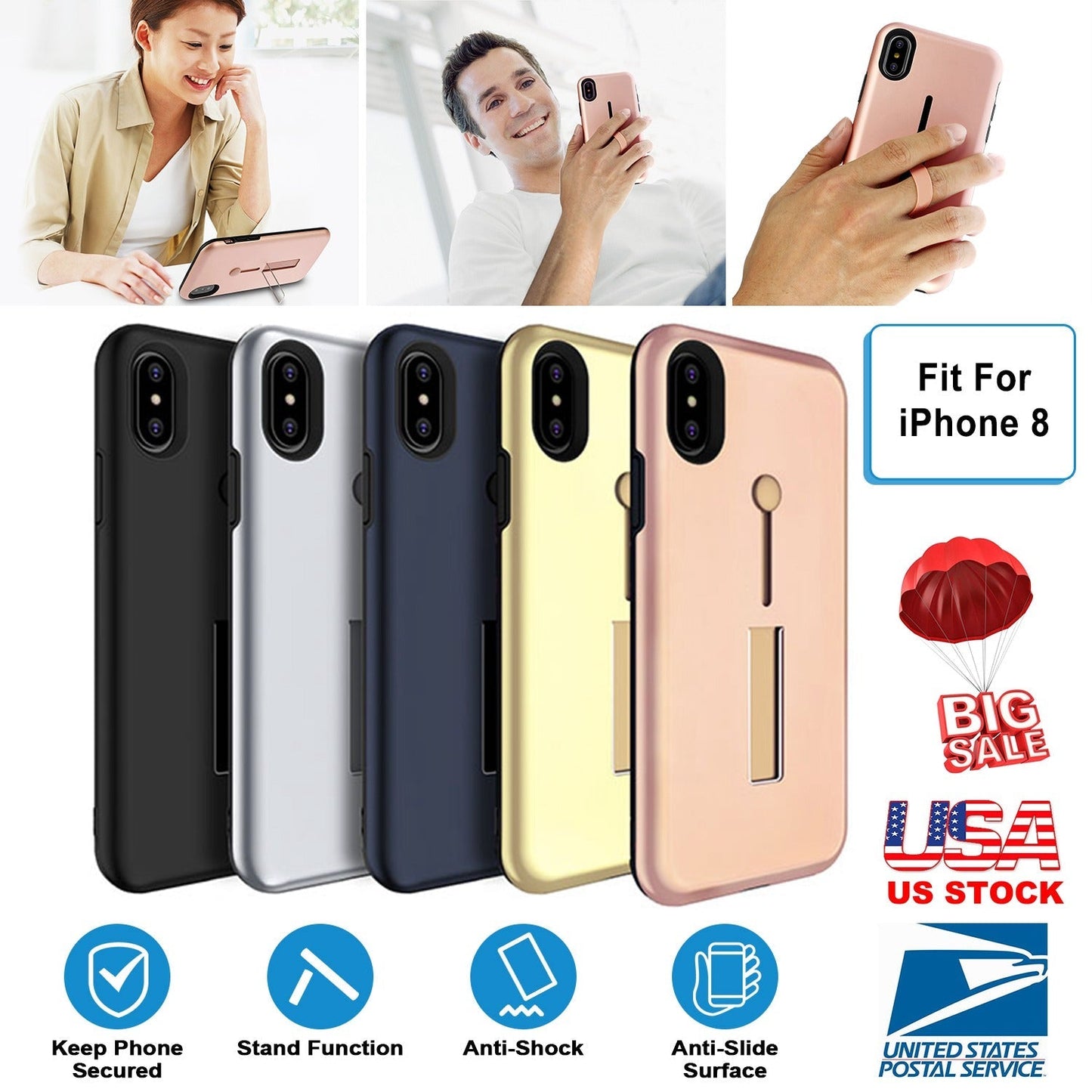 Finger Strap Phone Case for iPhone  8 Drop-prot ection Finger Ring Rugged Phone Case with Kickstand Dual Layer Case