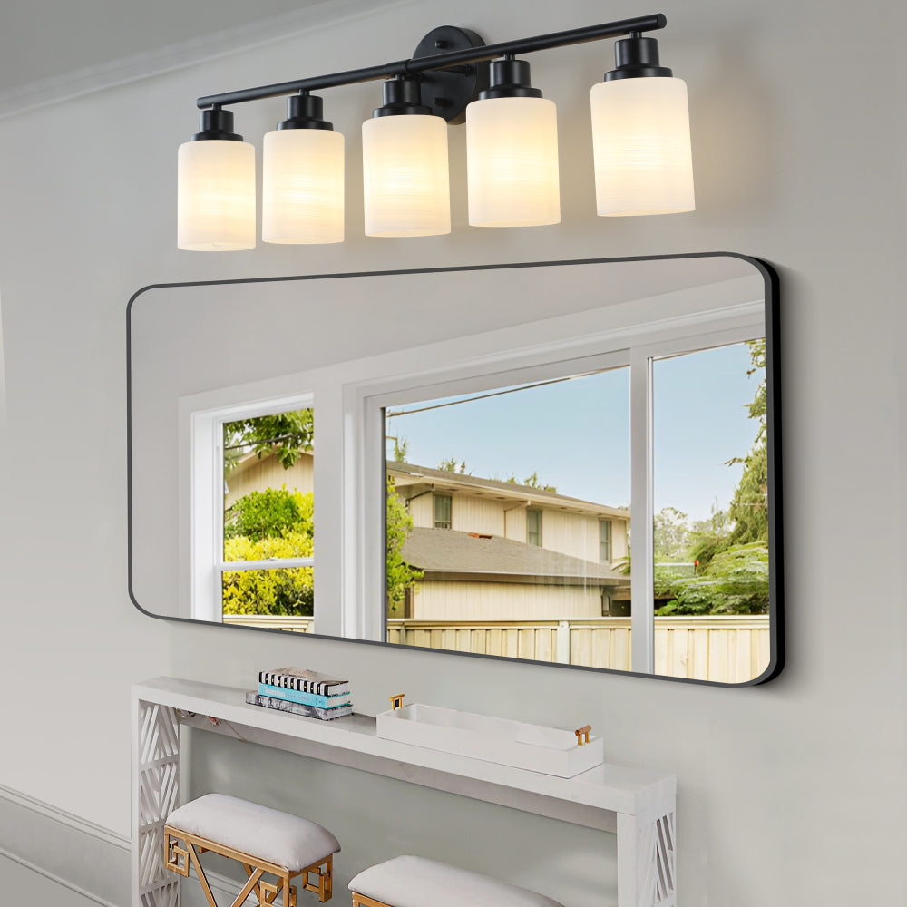 Vanity Light Fixture | 4/5/6/8-Light Bathroom Wall Sconce with Frosted White Glass & Iron Frame — Black, Chrome or Gold, 4 Sizes
