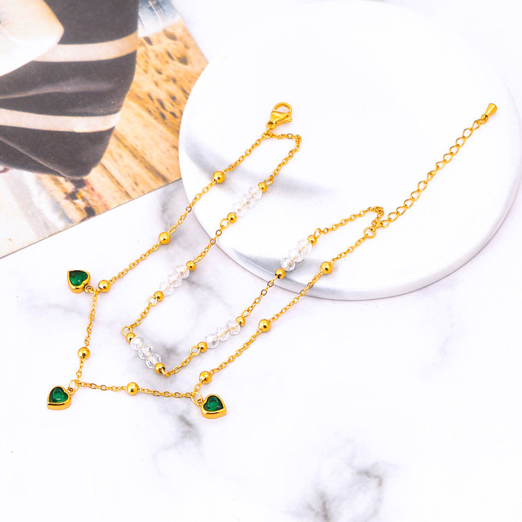 Fashionable Double-Layer Zircon Heart Pendant Anklet