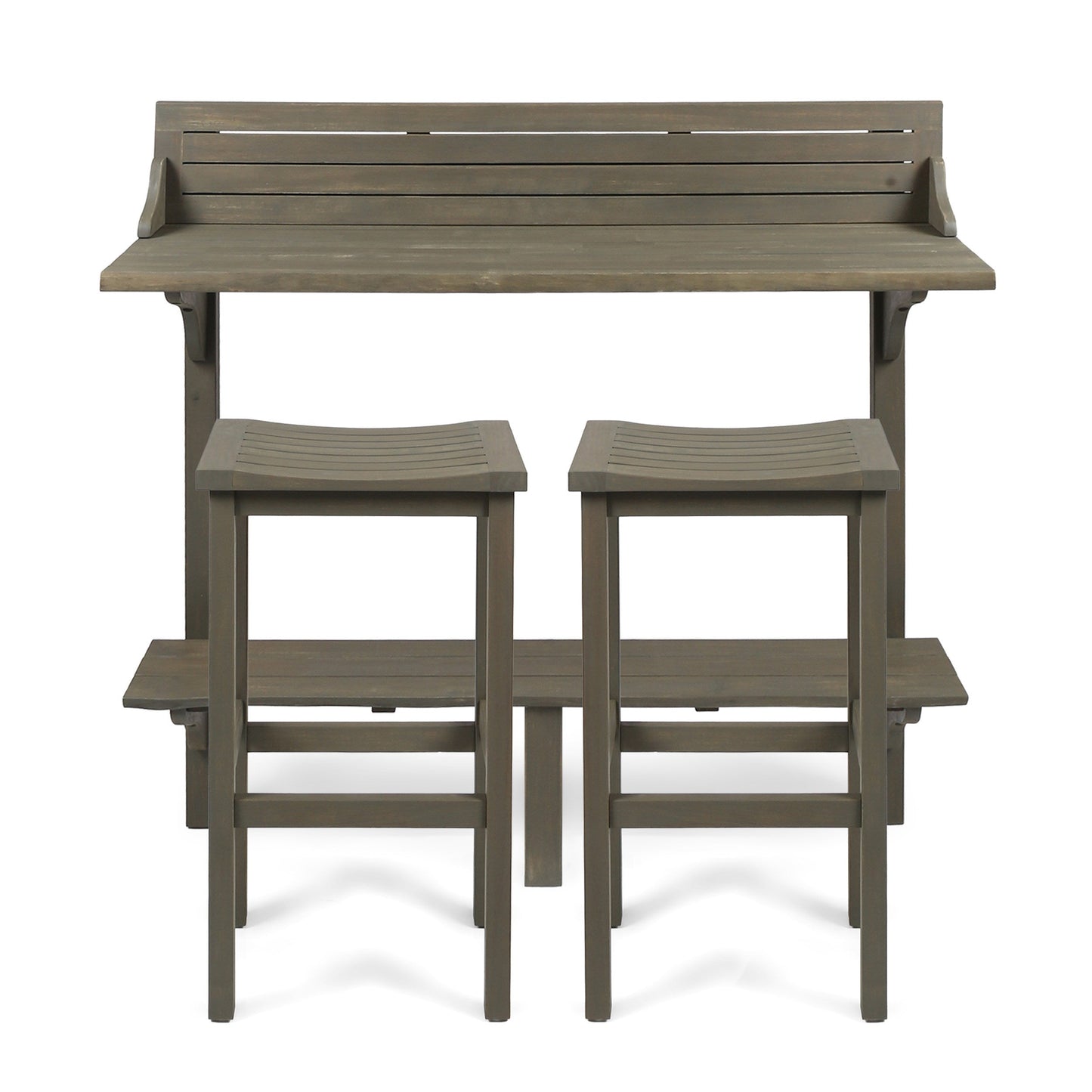 Outdoor Balcony Bar Set Acacia Wood Gray 3 Piece Table 2 Stools Seats 2