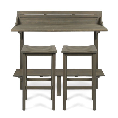Outdoor Balcony Bar Set Acacia Wood Gray 3 Piece Table 2 Stools Seats 2