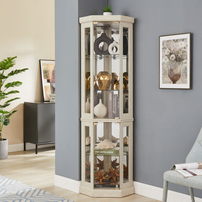 Lighted Corner Curio Cabinet Tall Display Case with Mirrored Back Glass Doors Adjustable Shelves White