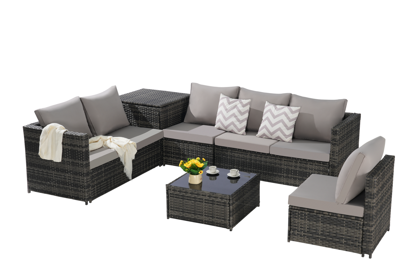 Outdoor Sectional Set PE Rattan 6 Piece L-Shape Gray