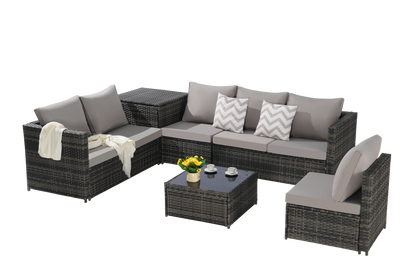 Outdoor Sectional Set PE Rattan 6 Piece L-Shape Gray