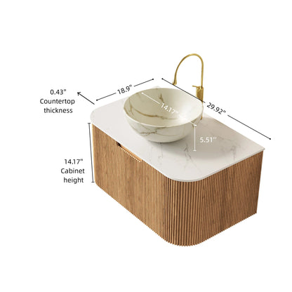 30' Bathroom Vanity&Sink, Floating Curved Edges Striped Storage Cabinet with ...