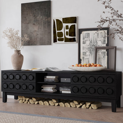 TV Stand Mid-Century Modern Solid Wood Gray Black 4-Drawer Fits 70 In TV