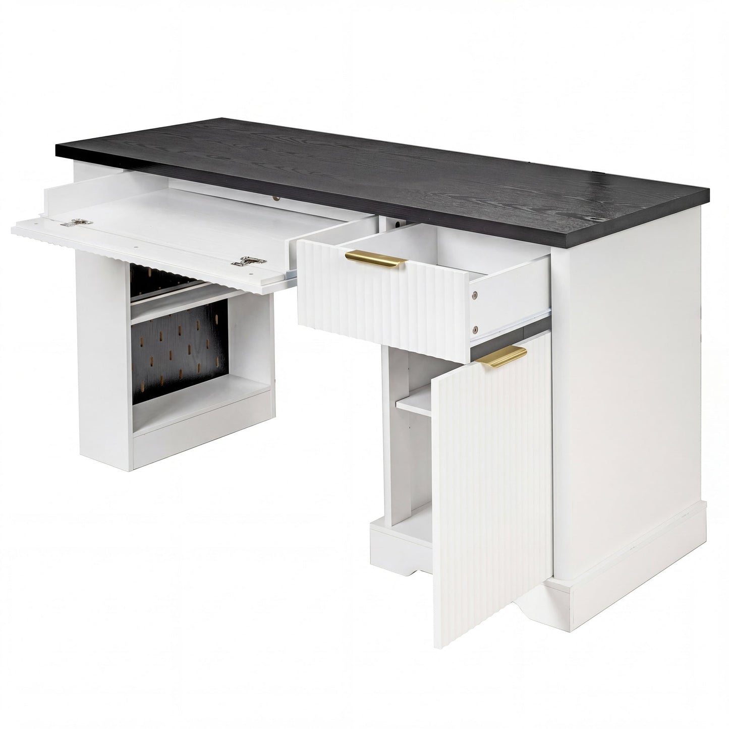 55' Modern Fluted Office Desk with Storage Cabinet and Drawers, Computer Writ...