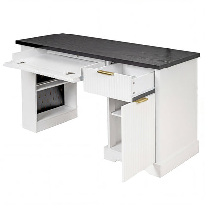 55' Modern Fluted Office Desk with Storage Cabinet and Drawers, Computer Writ...