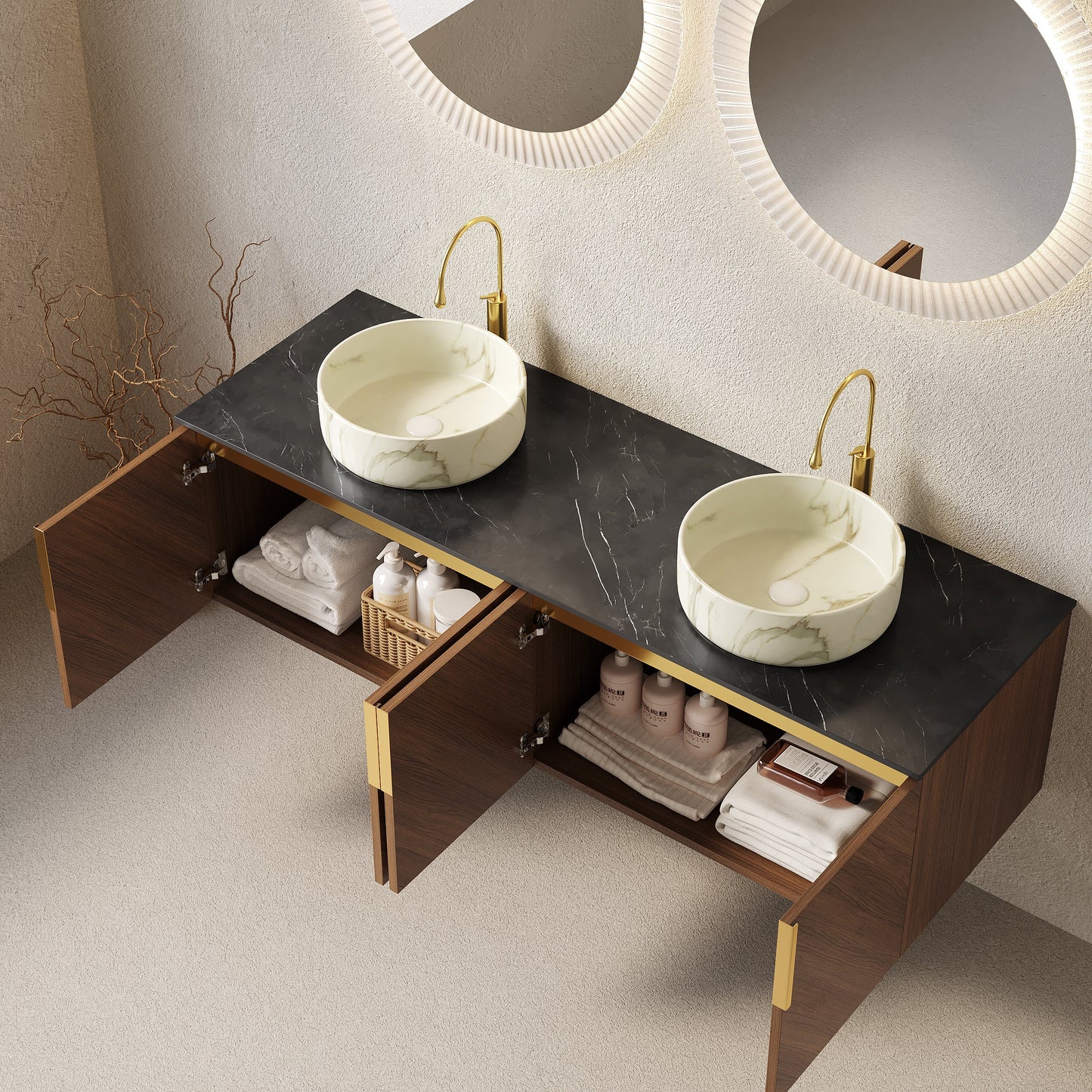 60' Bathroom Vanity with Sinks, Floating Plywood Cabinet 4 Doors Black Sintered Stone