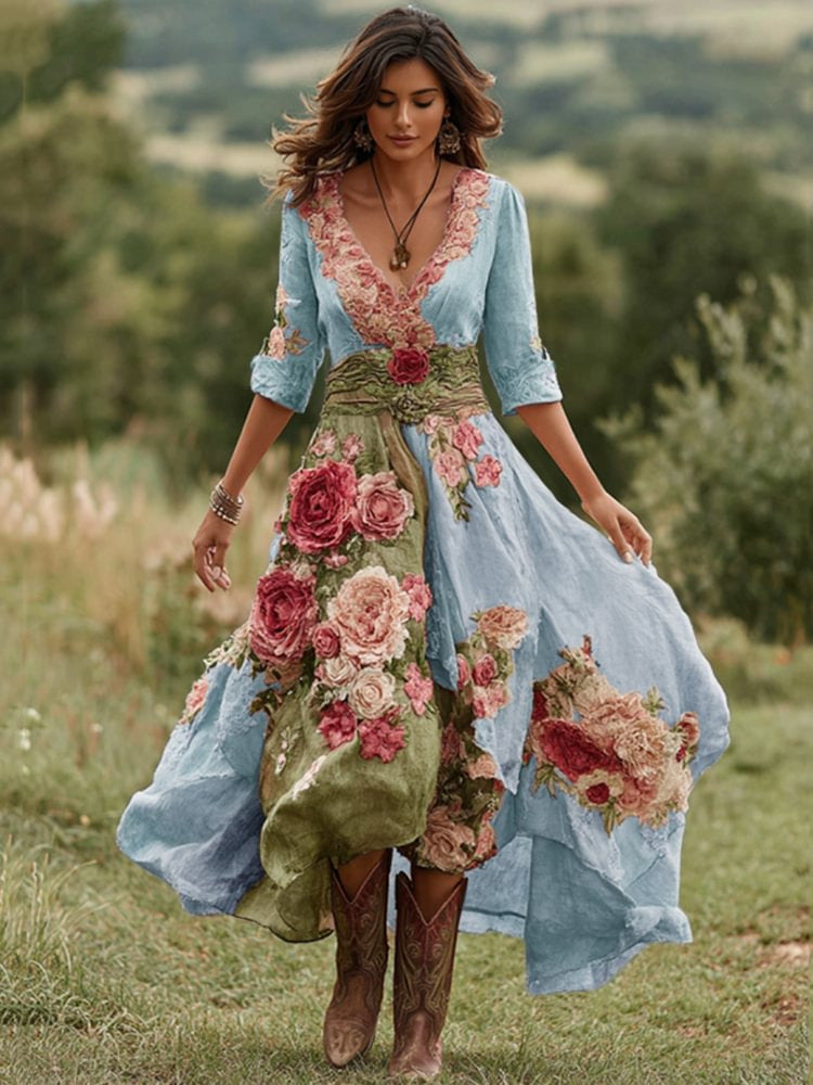Womens Stylish And Elegant Floral Long-sleeve Dress