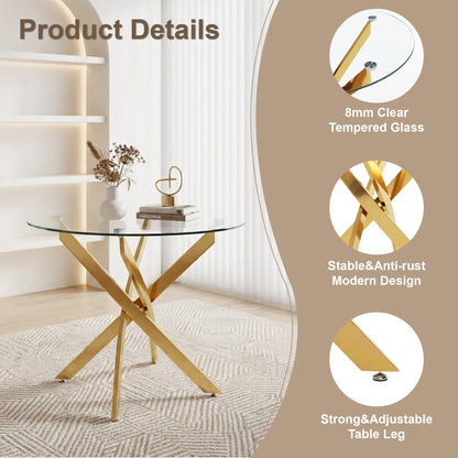 Round Glass Dining Table Set for 4, 35.5' Glass Dining Table with Gold Legs,