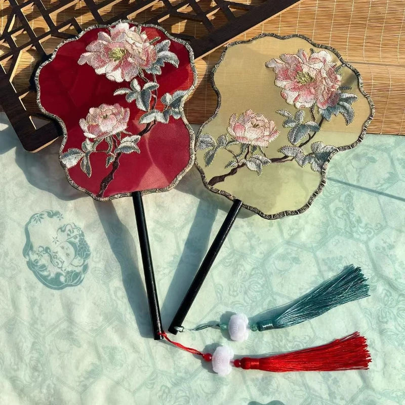 Ancient Style Fan Chinese Style Hanfu Dance Shooting Long Handled Embroidered Classical Double Sided Fan Female Decorative Fan