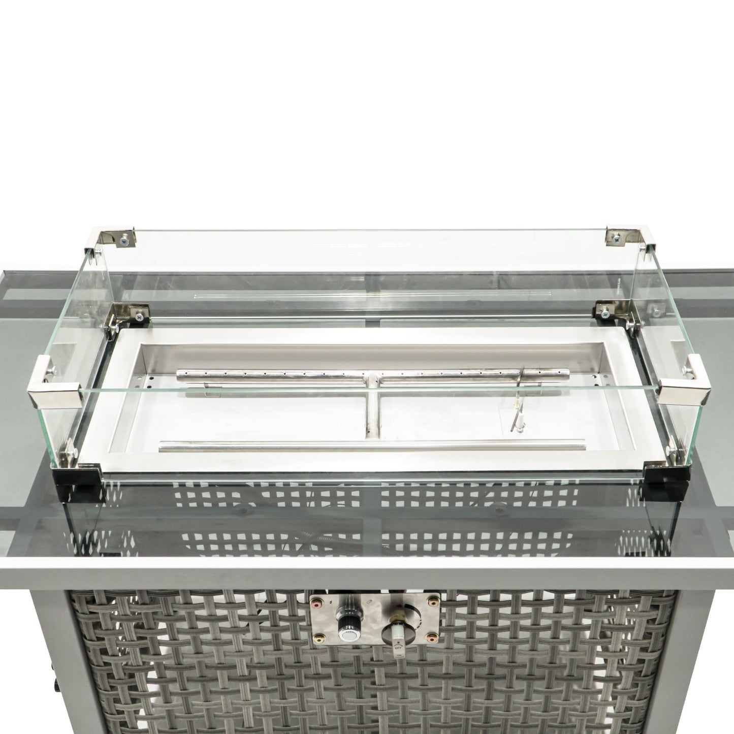 43 in Propane Gas Fire Pit Table 60,000 BTU Rectangular Open Weave Wicker, Grey