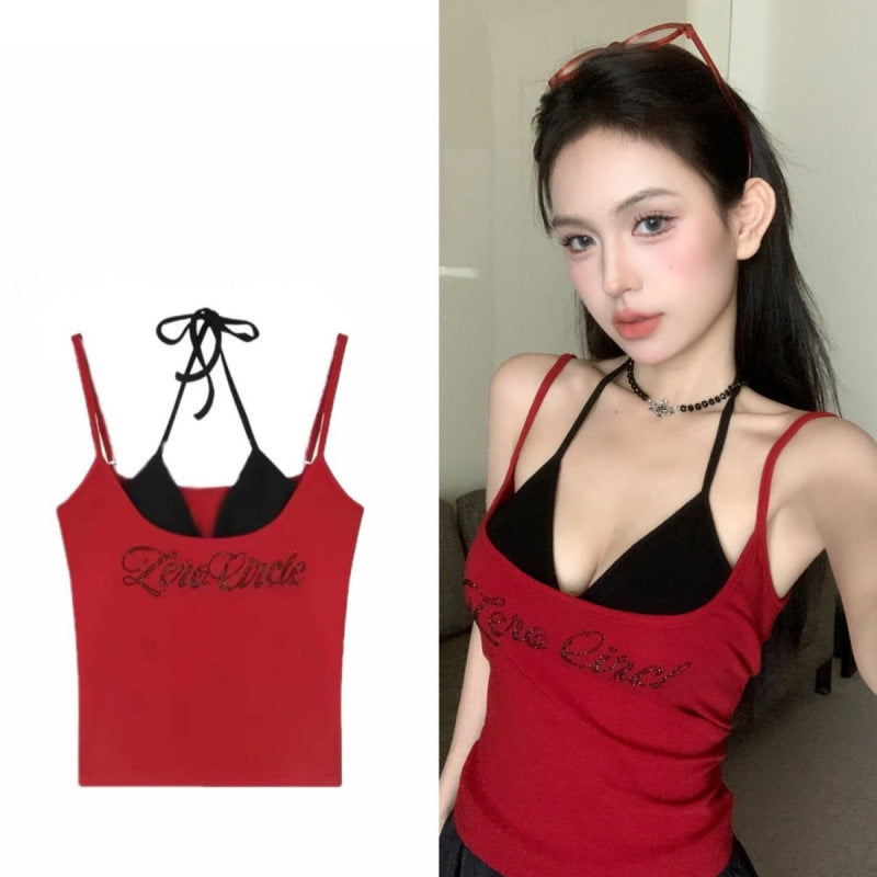 Spicy Chic Rhinestone-Embellished Camisole Tank Top Pure & Alluring Slim-Fit Short Top