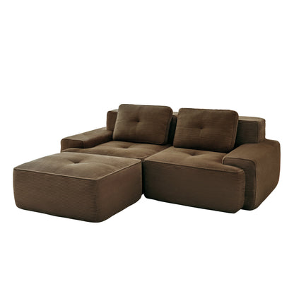 Sectional loveseat L-Shape Corduroy Brown 2 Seat Modular with Ottoman 82 In