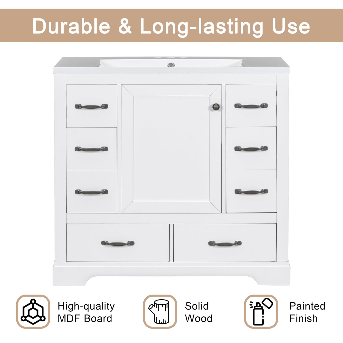 36' Bathroom Vanity with Sink Combo, Six Drawers, Multi-Functional Drawer Div...