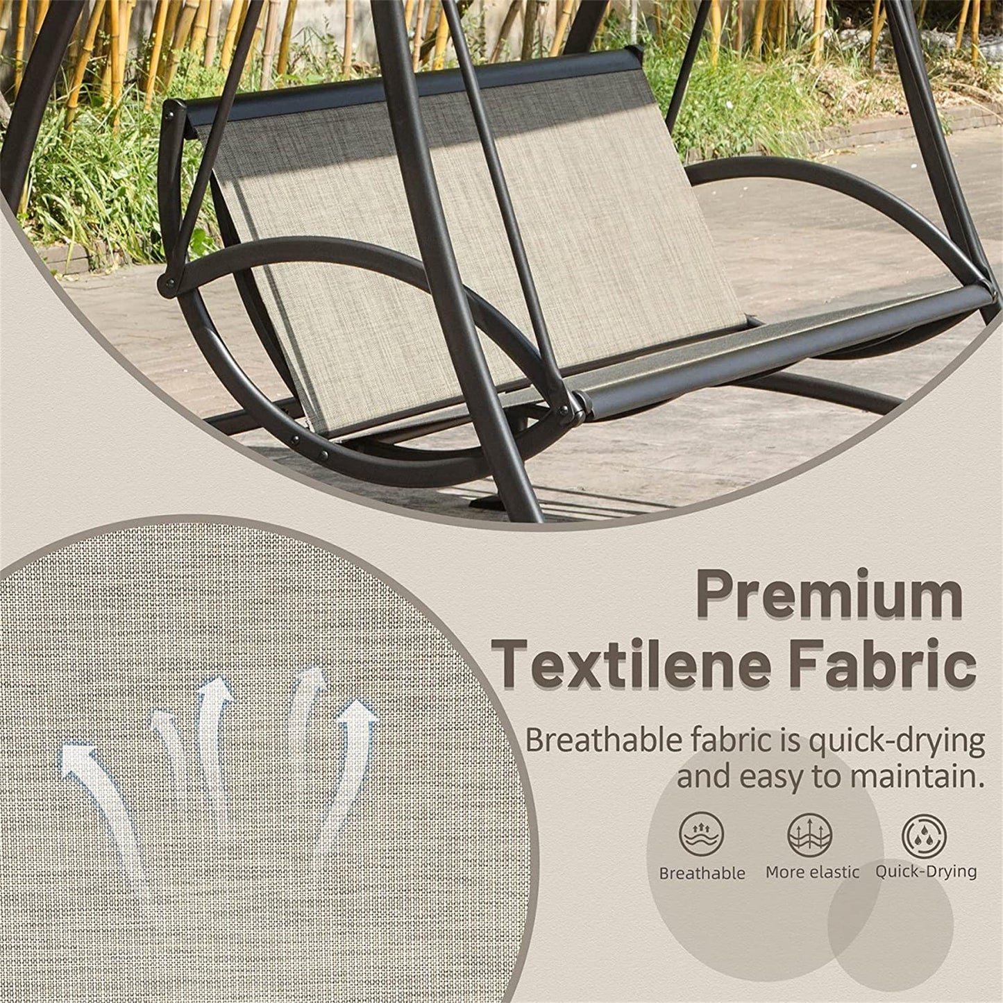 Outdoor Porch Swing 3-Seat Steel Textilene Dark Brown Canopy 73x52 In 970 LB