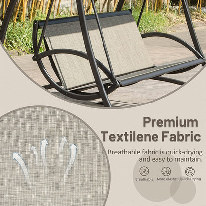 Outdoor Porch Swing 3-Seat Steel Textilene Dark Brown Canopy 73x52 In 970 LB