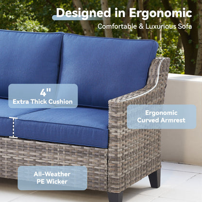 73.2 in Outdoor Patio Sofa, 3-Seat Gray Rattan Couch with Blue Cushions