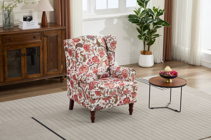 Accent Chair Wingback Linen Floral Red Pine Legs 28x30x38 In