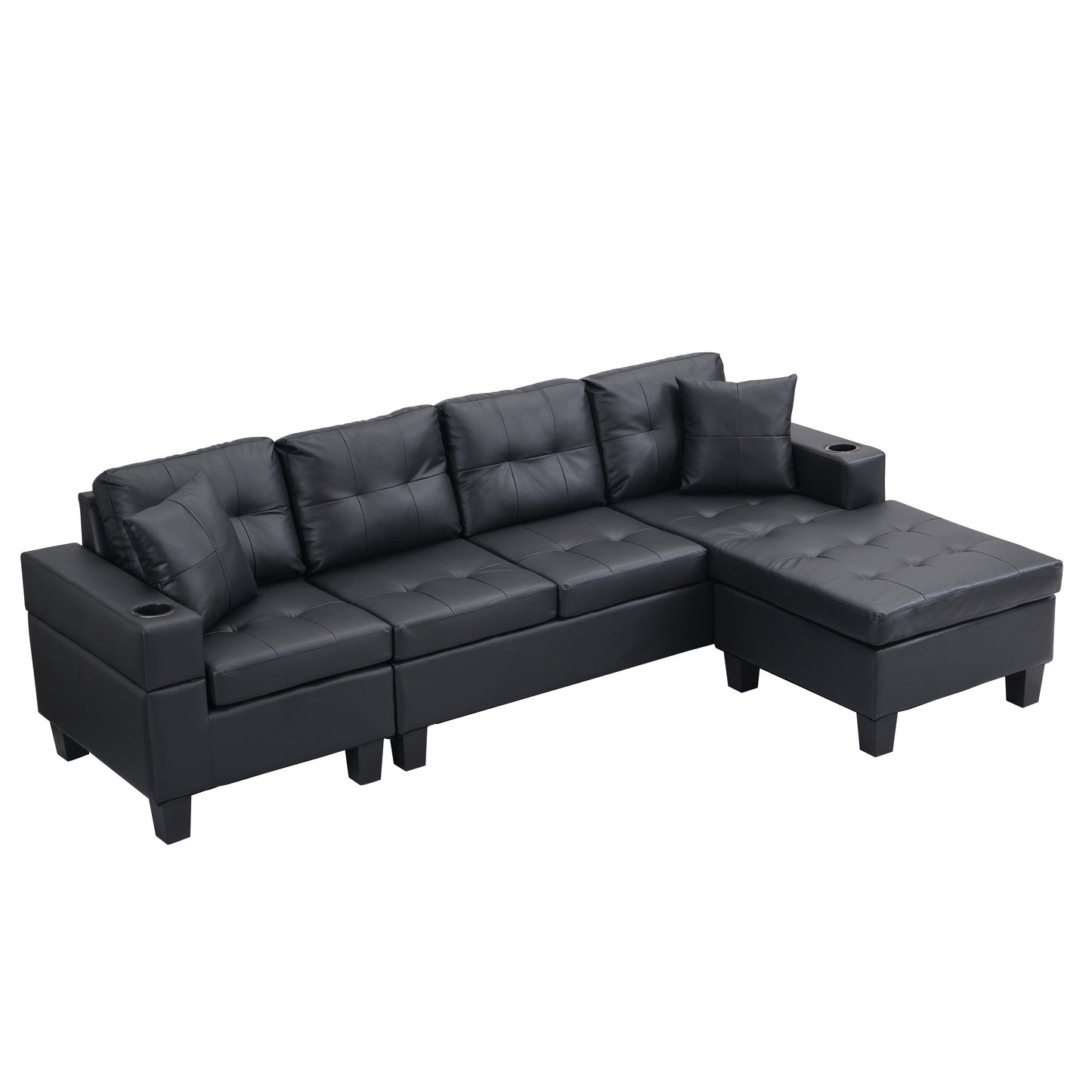 Sectional Sofa L-Shape Chaise PU Leather Black 4-Seat Cup Holders 96x57 In