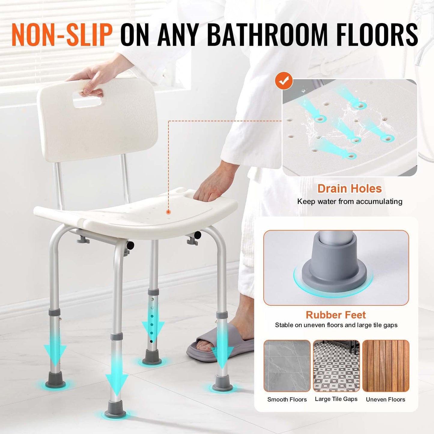 Shower Chair Aluminum 350lb Capacity Adjustable Head Rest