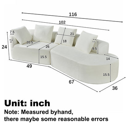Sectional Sofa Curved Pearl Polyester Beige 3 Seat Right Chaise 116 In