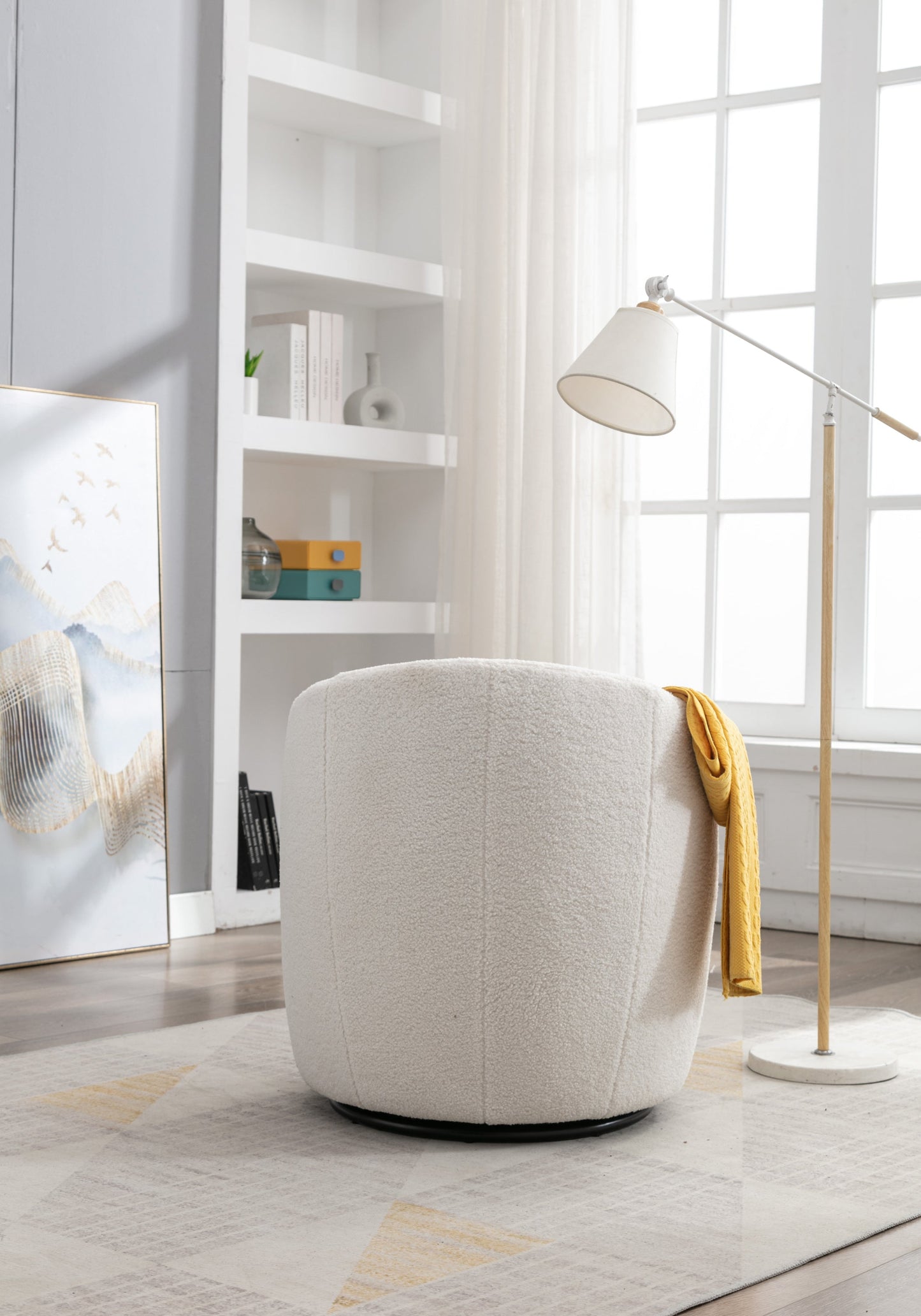 Accent Chair Swivel Barrel Teddy Fabric Ivory Black Ring Base 360 Degree 250 LB