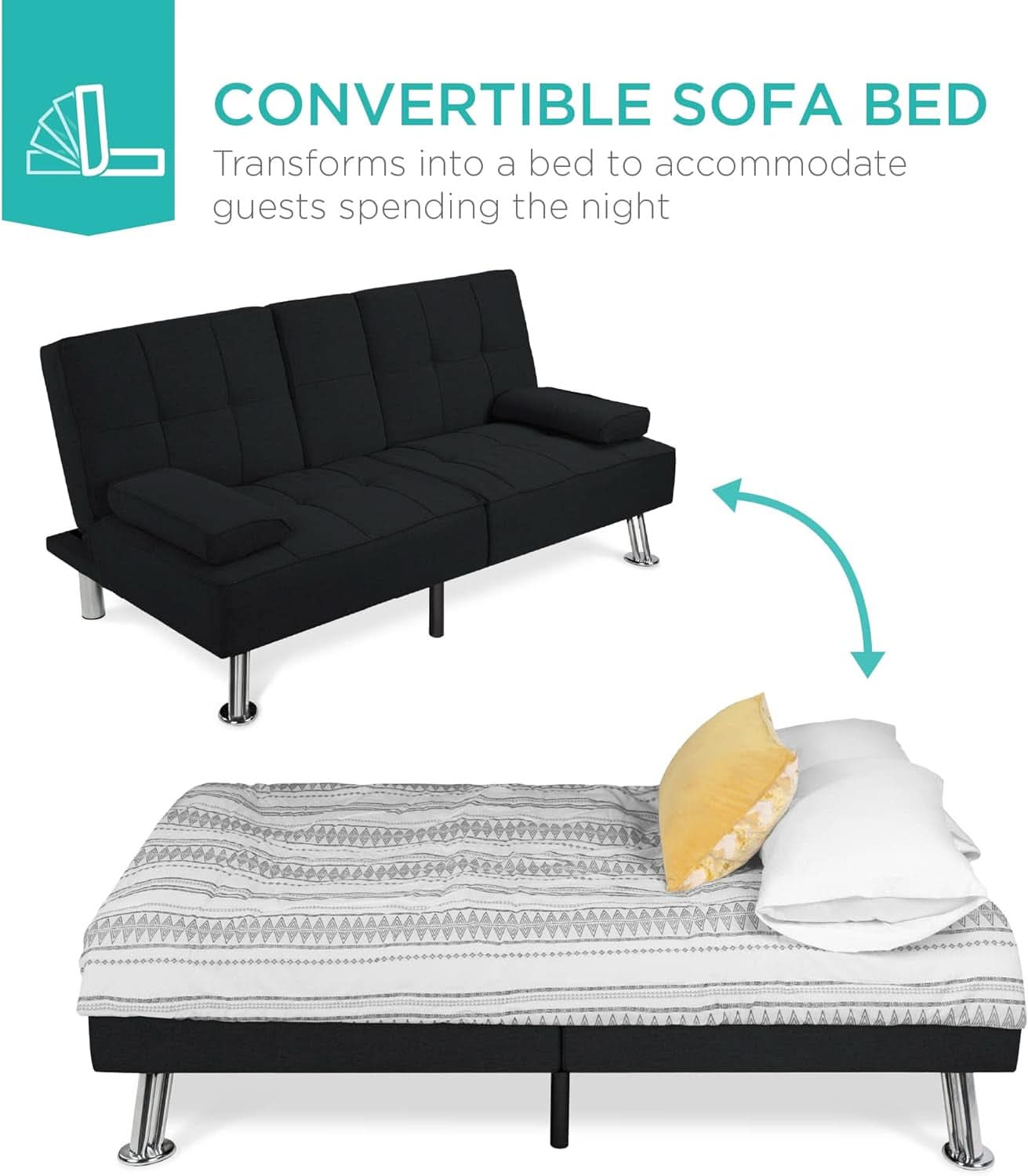 Black Linen Folding Futon Recliner With Cupholders