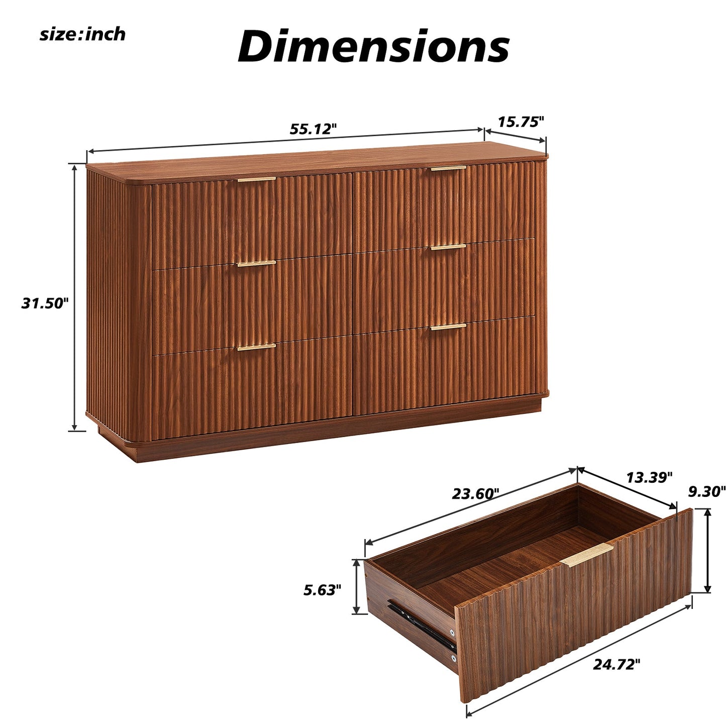 Dresser Modern 6-Drawer Walnut MDF Wave Texture 55.1x15.75x31.5 In 150 LB
