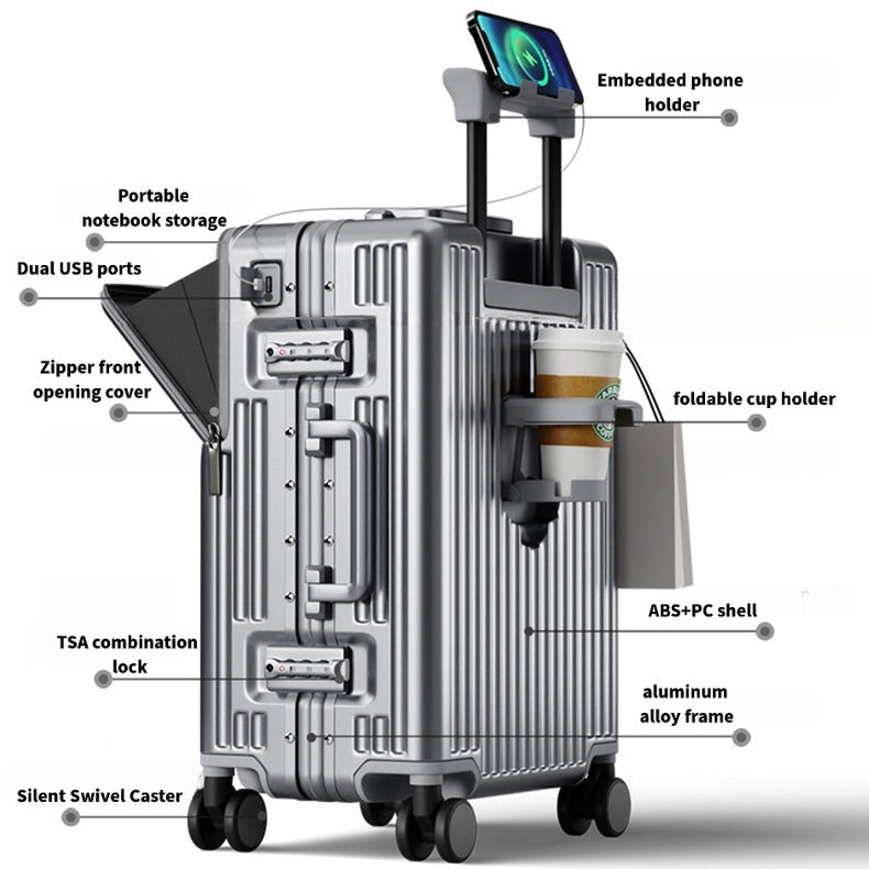 Frame Luggage, Front Open Lid Luggage, 20 Inch 24 Inch Large Capacity, TSA Lock, Universal Wheel Aluminum Frame Luggage, Sturdy And Durable Bag Set