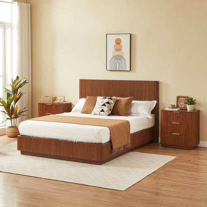 3-Drawer Nightstand Set of 2, 23.6 in Wide, Curved Wave Design, Walnut