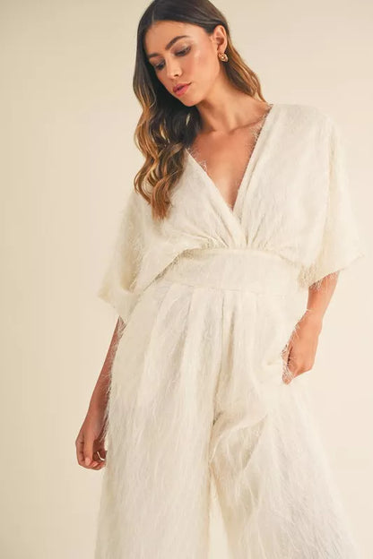 MABLE Fluffy Deep V Neck Wide Leg Jumpsuit