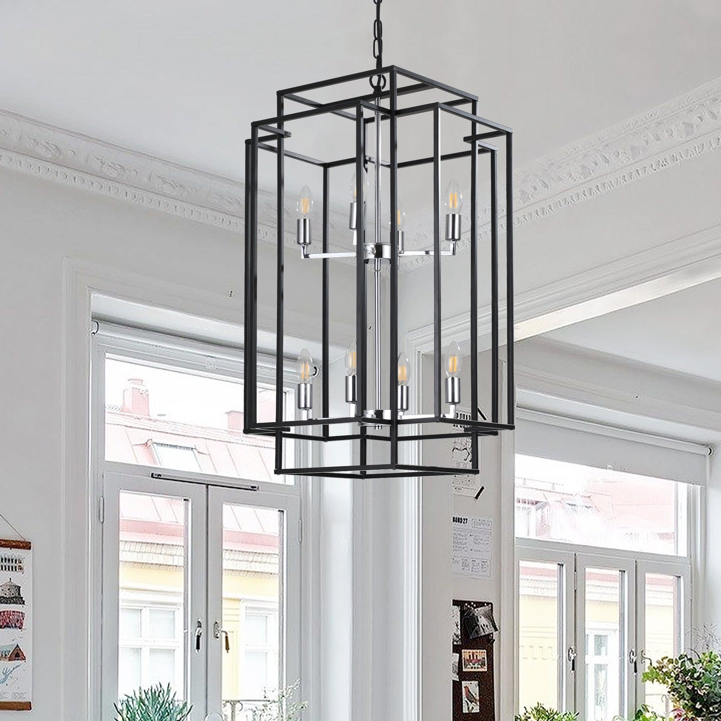 Chandelier 8-Light Black Chrome Geometric Industrial Metal Pendant 18 In