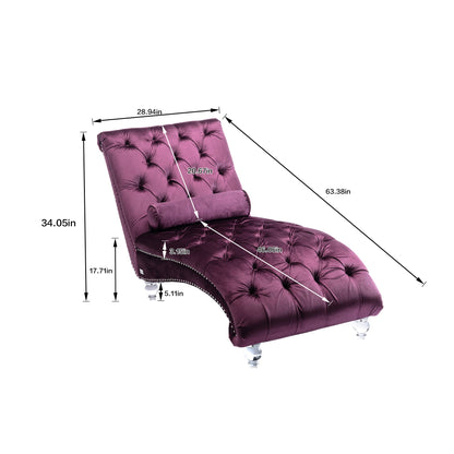 Velvet Chaise Lounge Indoor, Button-Tufted with Pillow, Purple, Bedroom