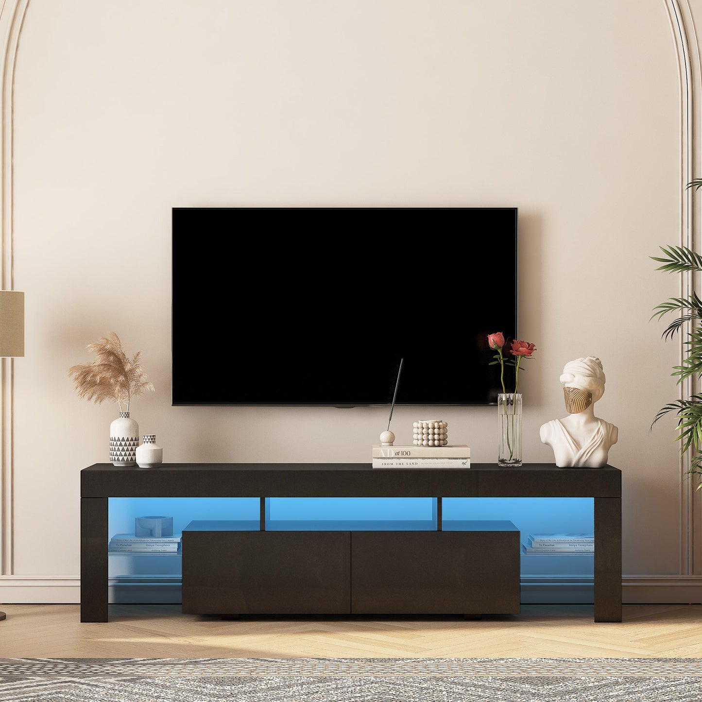 TV Stand LED High Gloss Black Storage Cabinet Fits 65