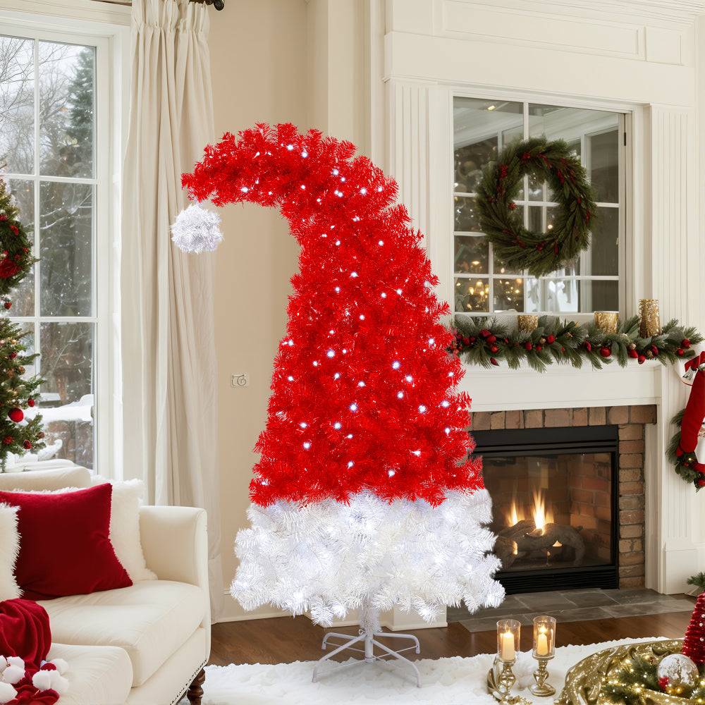 6 FT Santa Hat Shaped Christmas Tree | Pre-Lit Whimsical Curved Xmas Tree with 300 Cool White LEDs & 1050 PET Tips — Red & White