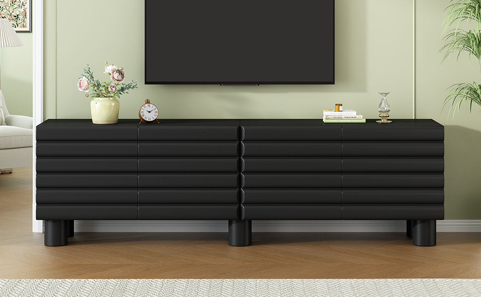 TV Stand Wavy Door Black MDF 4-Cabinet Cylindrical Legs Fits 70 In TV
