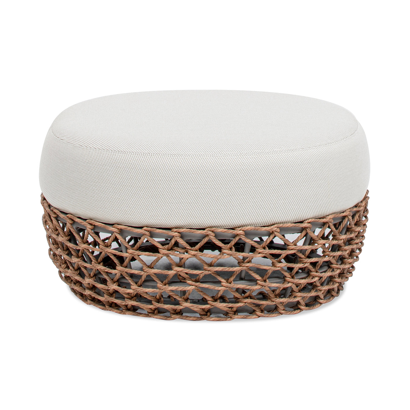 Outdoor Round Ottoman Wicker Beige Wheat Cushion 25in Foam Filled